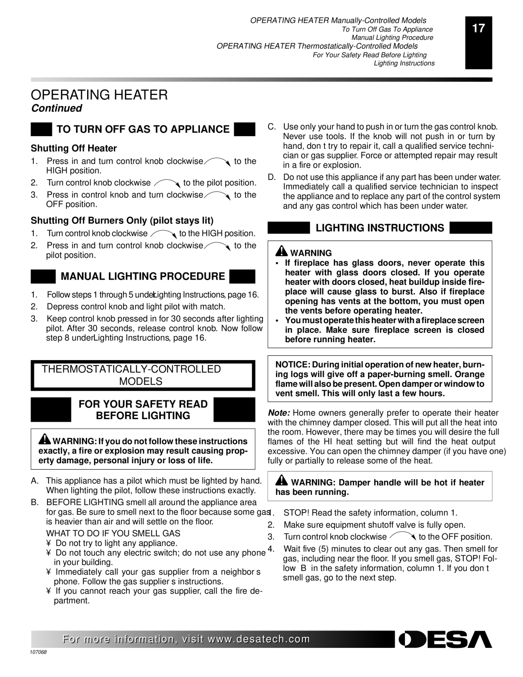 Desa CLD3018NA, CGS3124N, CLD3018PA To Turn OFF GAS to Appliance, Manual Lighting Procedure, Shutting Off Heater 