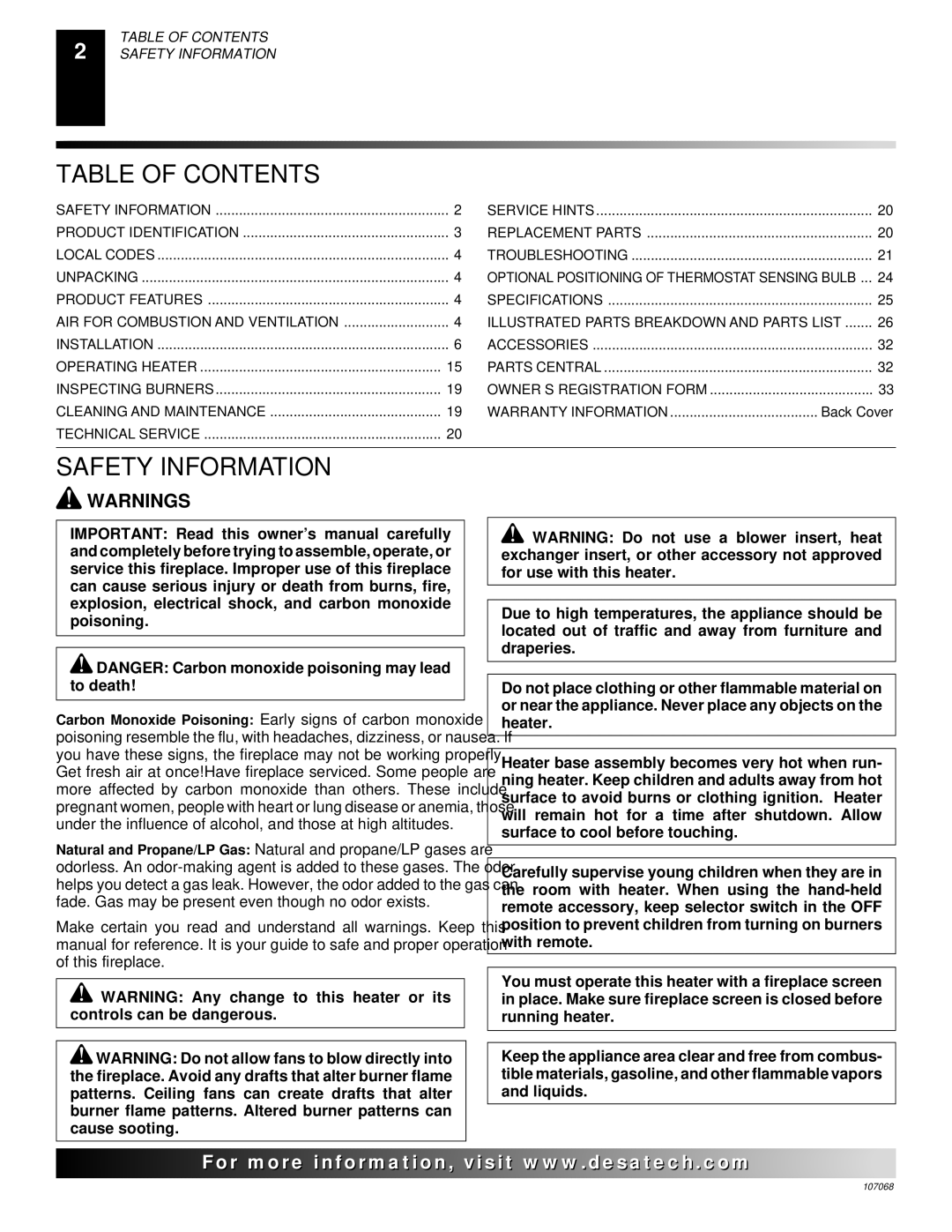 Desa CLD3018PA, CGS3124N, CLD3018NA installation manual Table of Contents, Safety Information 