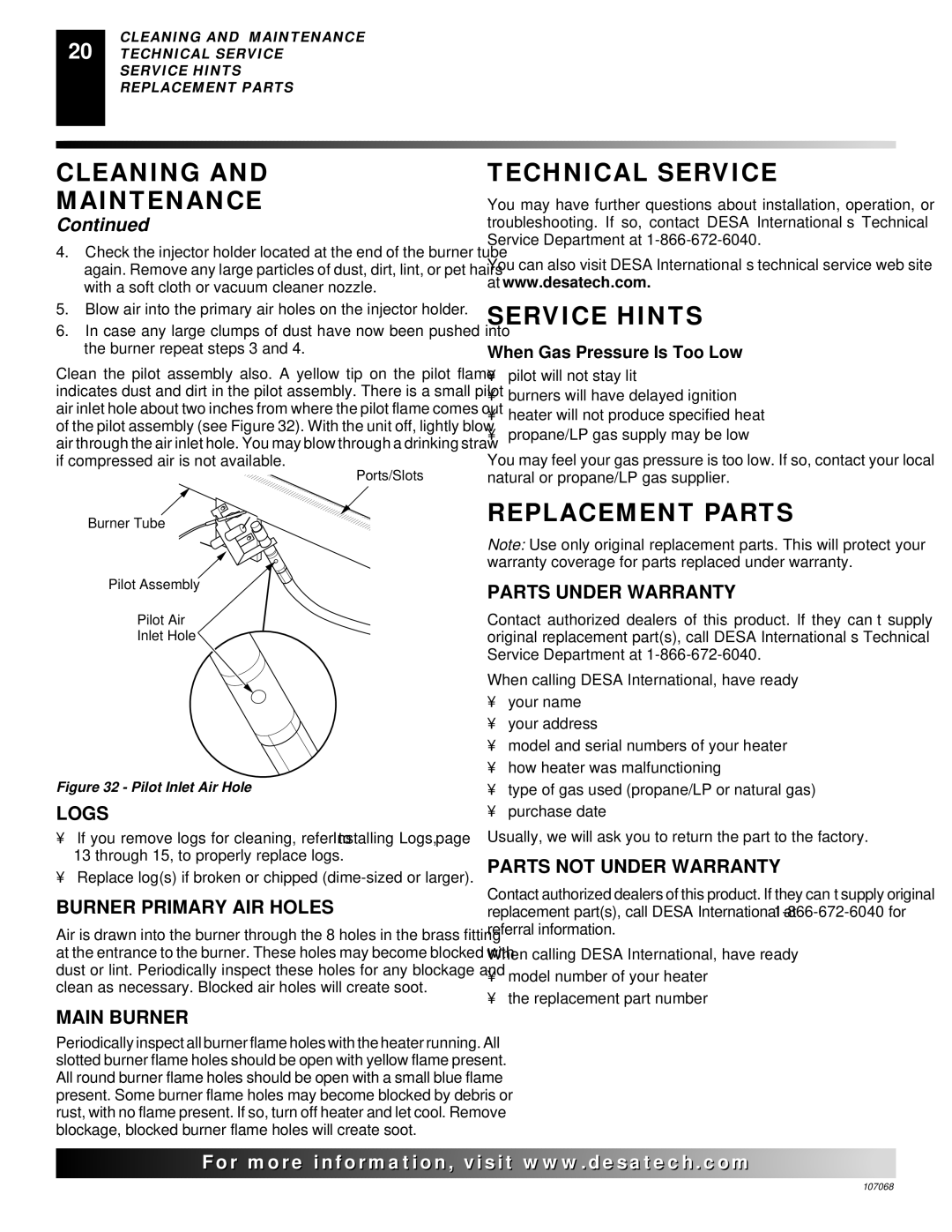 Desa CGS3124N, CLD3018NA, CLD3018PA installation manual Technical Service, Service Hints, Replacement Parts 