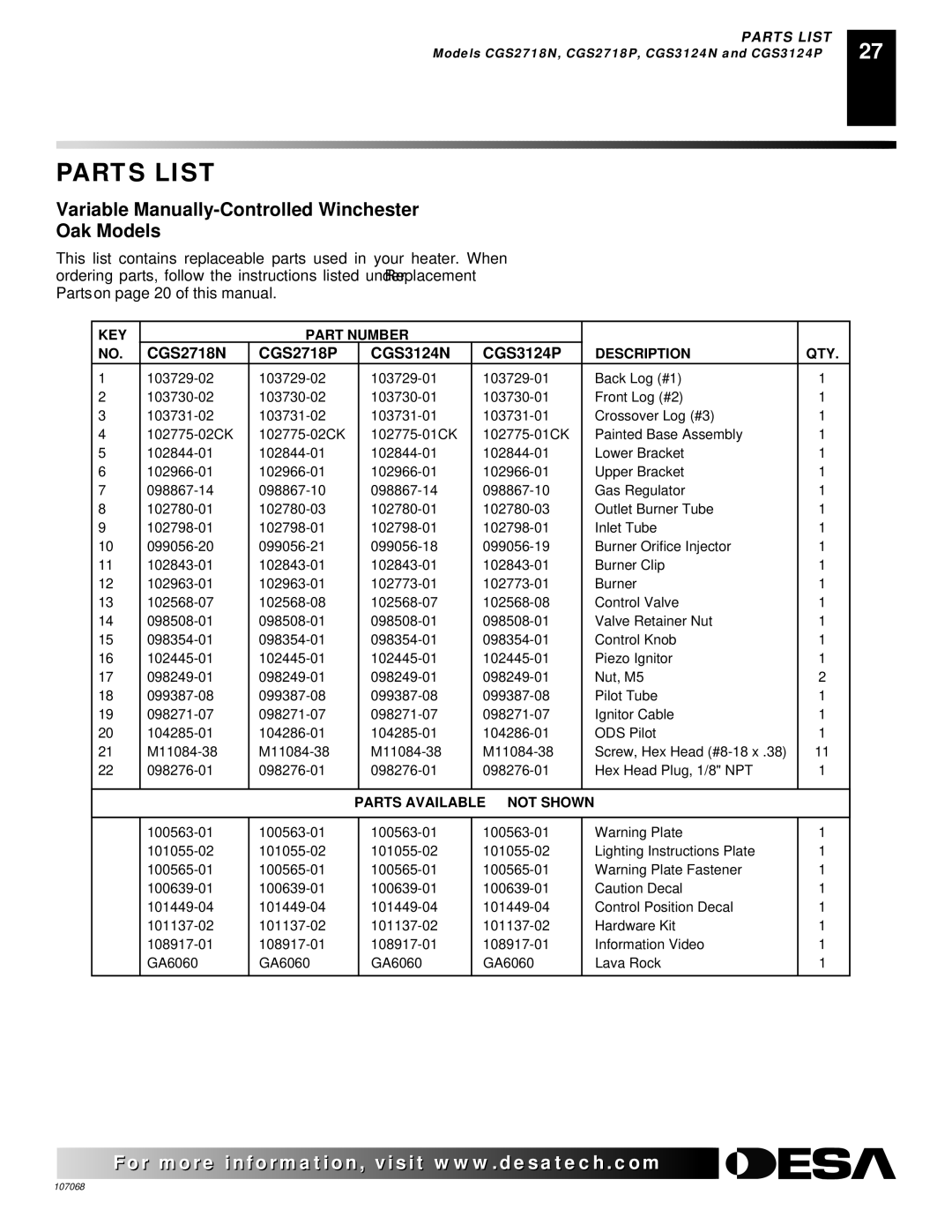 Desa CGS2718P, CGS2718N, CGS3124P, CGS3124P, CGS3124N, CLD3018PA, CLD3018NA, CLD3924PTA, CLD3924NTA Parts List 