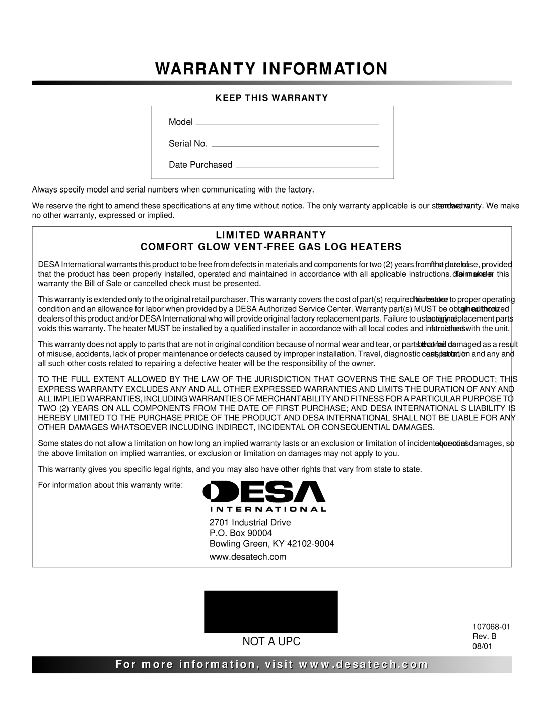 Desa CGS3124N, CLD3018NA, CLD3018PA installation manual Warranty Information 