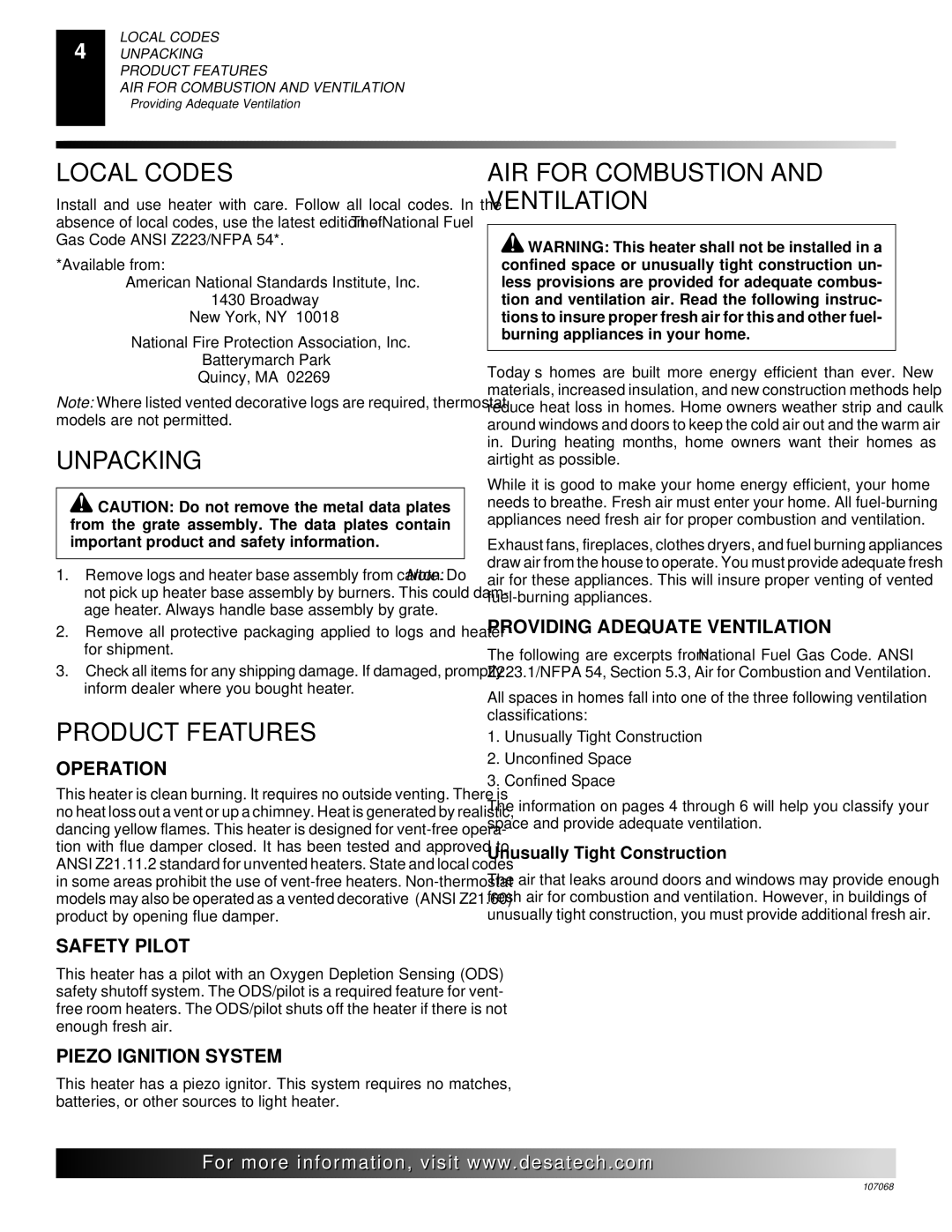 Desa CGS3124N, CLD3018NA, CLD3018PA Local Codes, Unpacking, Product Features, AIR for Combustion and Ventilation 