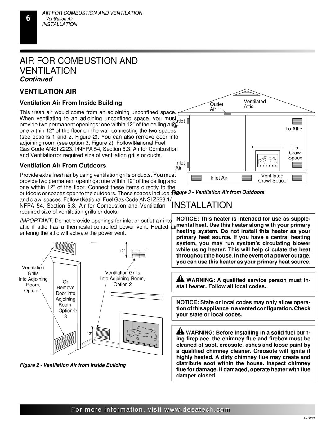 Desa CLD3018PA Installation, Ventilation AIR, Ventilation Air From Inside Building, Ventilation Air From Outdoors 