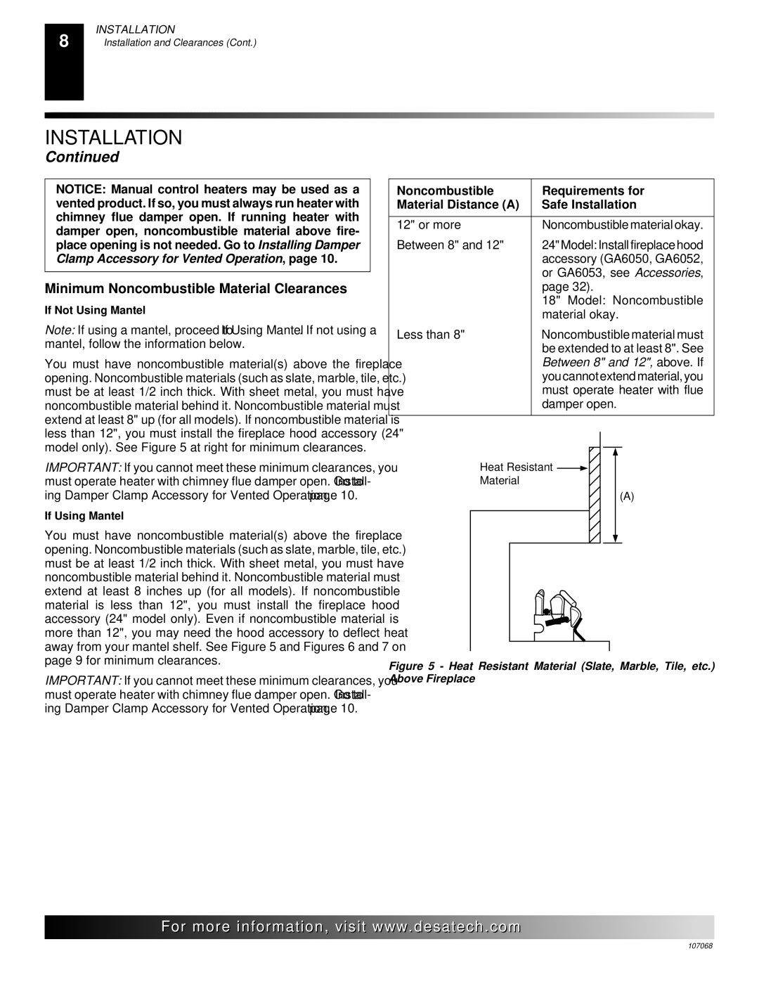 Desa CGS3124N, CLD3018NA, CLD3018PA installation manual Minimum Noncombustible Material Clearances, If Not Using Mantel 