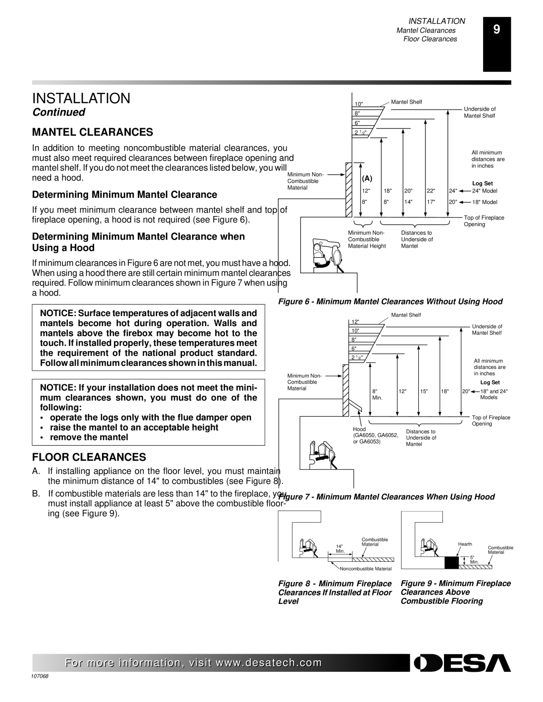 Desa CLD3018NA, CGS3124N, CLD3018PA Mantel Clearances, Floor Clearances, Determining Minimum Mantel Clearance 