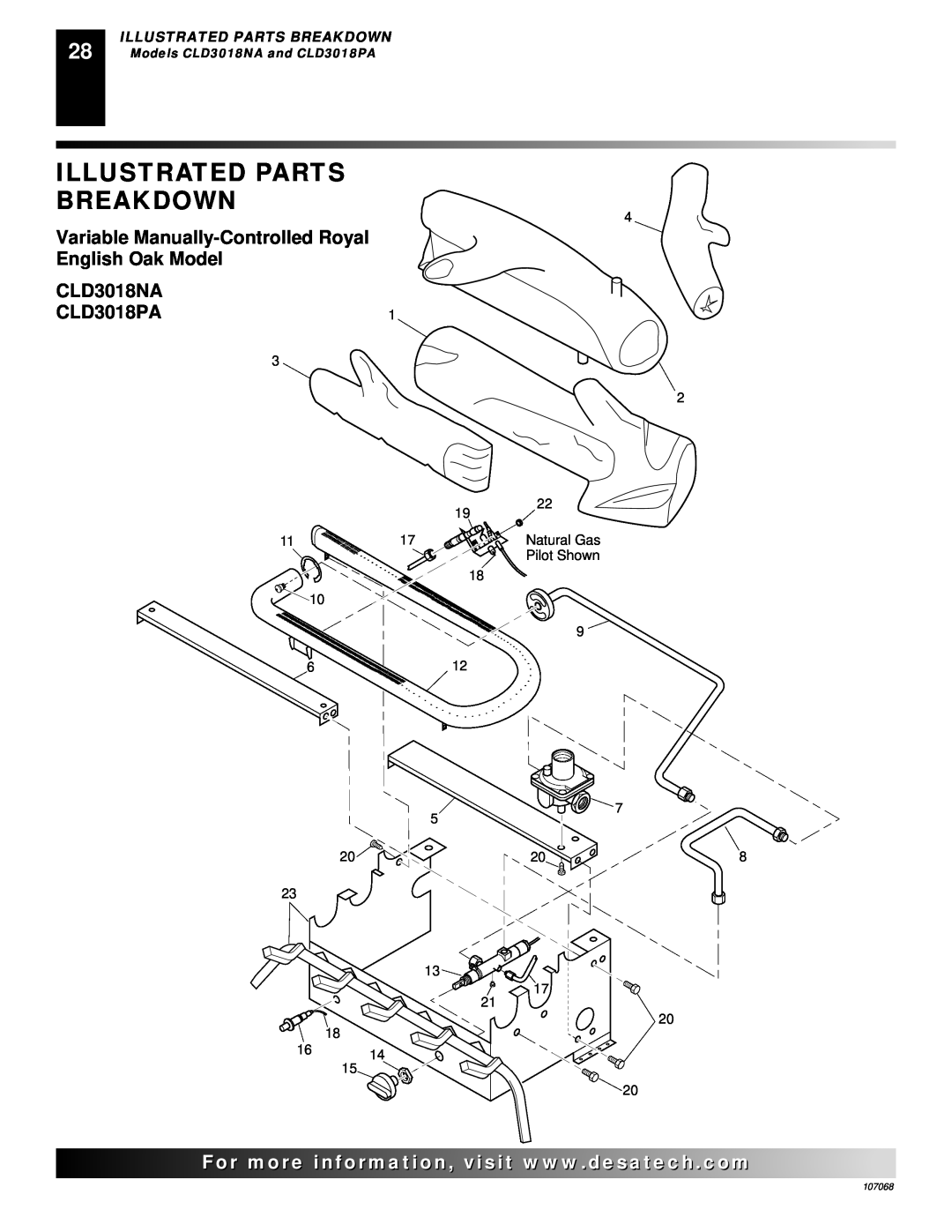 Desa CGS3124N installation manual CLD3018NA CLD3018PA, Illustrated Parts Breakdown, Models CLD3018NA and CLD3018PA, 107068 