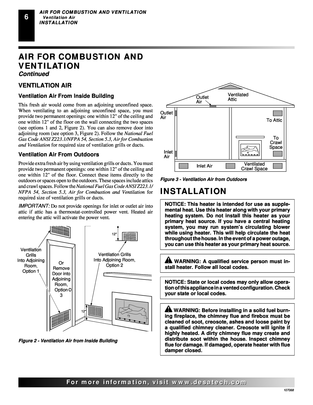 Desa CLD3018PA, CGS3124N Installation, Air For Combustion And Ventilation, Continued, Ventilation Air from Outdoors 