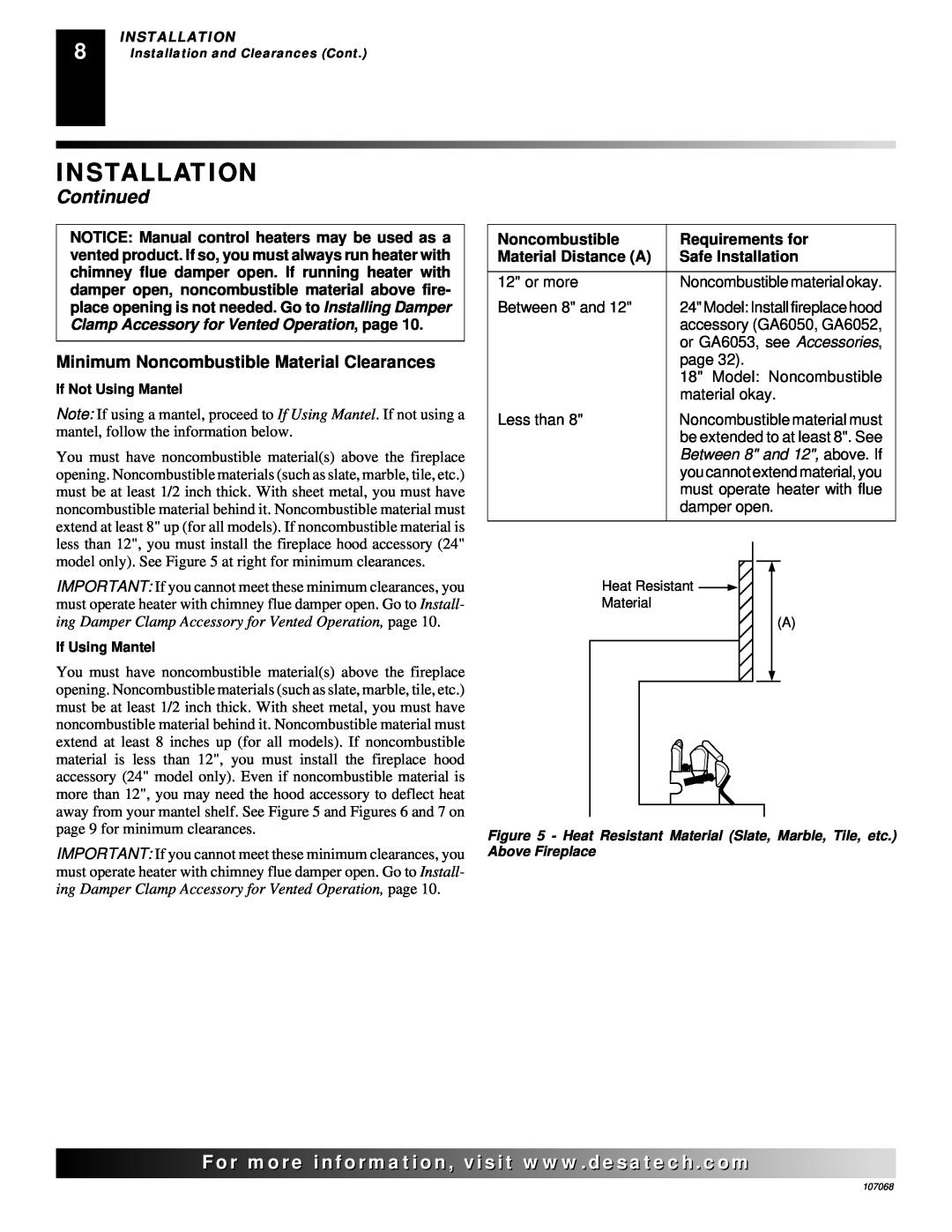 Desa CGS3124N Installation, Continued, Minimum Noncombustible Material Clearances, Requirements for, Material Distance A 
