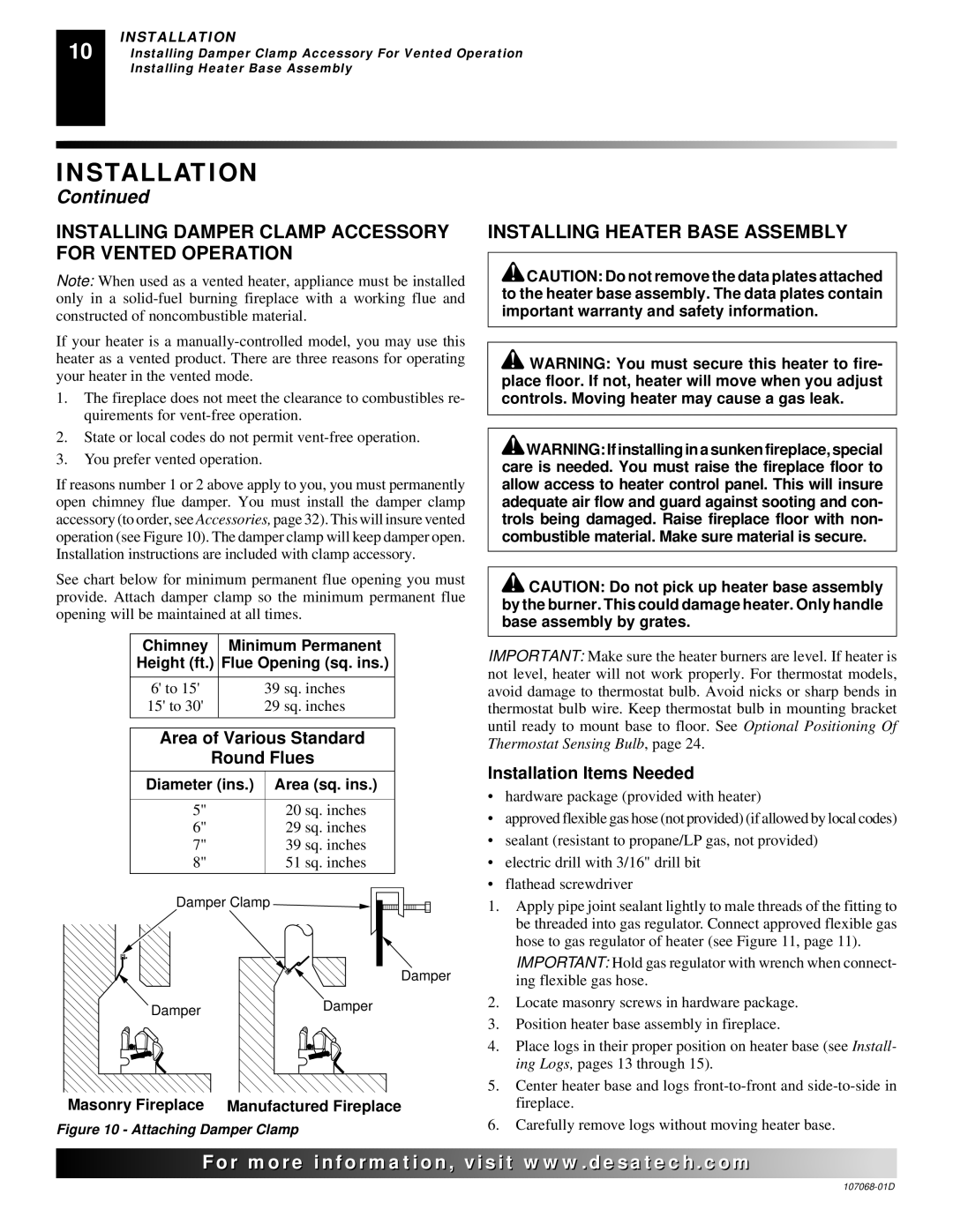 Desa CGS3124P installation manual Installing Damper Clamp Accessory for Vented Operation, Installing Heater Base Assembly 