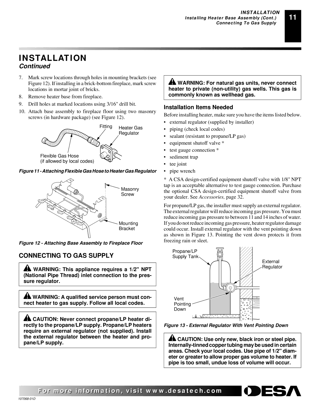 Desa CGS3124P installation manual Connecting to GAS Supply, Attaching Flexible Gas Hose to Heater Gas Regulator 