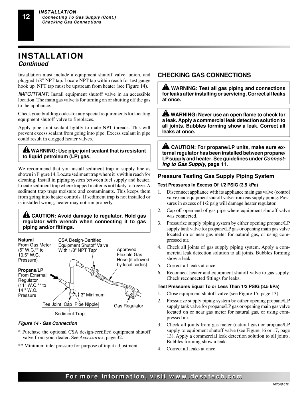 Desa CGS3124P installation manual Checking GAS Connections, Pressure Testing Gas Supply Piping System 