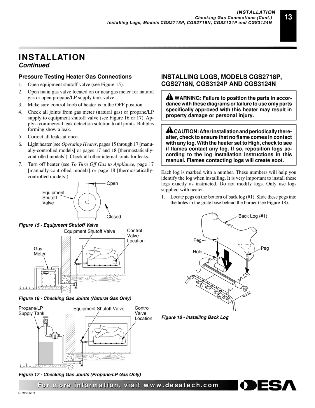 Desa CGS3124P installation manual Pressure Testing Heater Gas Connections, Equipment Shutoff Valve 