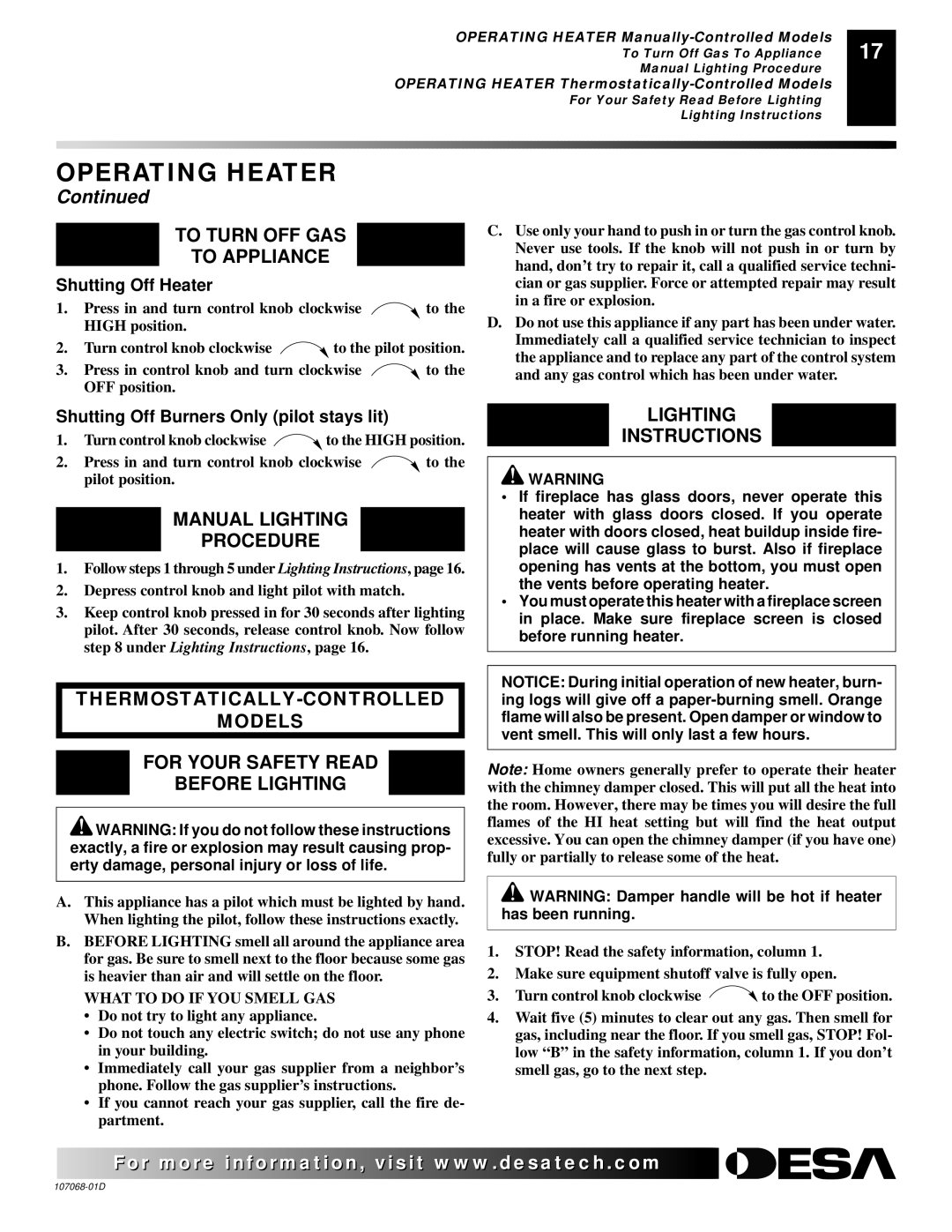 Desa CGS3124P installation manual To Turn OFF GAS To Appliance, Manual Lighting Procedure, Shutting Off Heater 