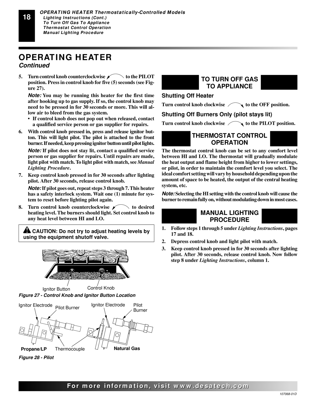 Desa CGS3124P installation manual Thermostat Control Operation 