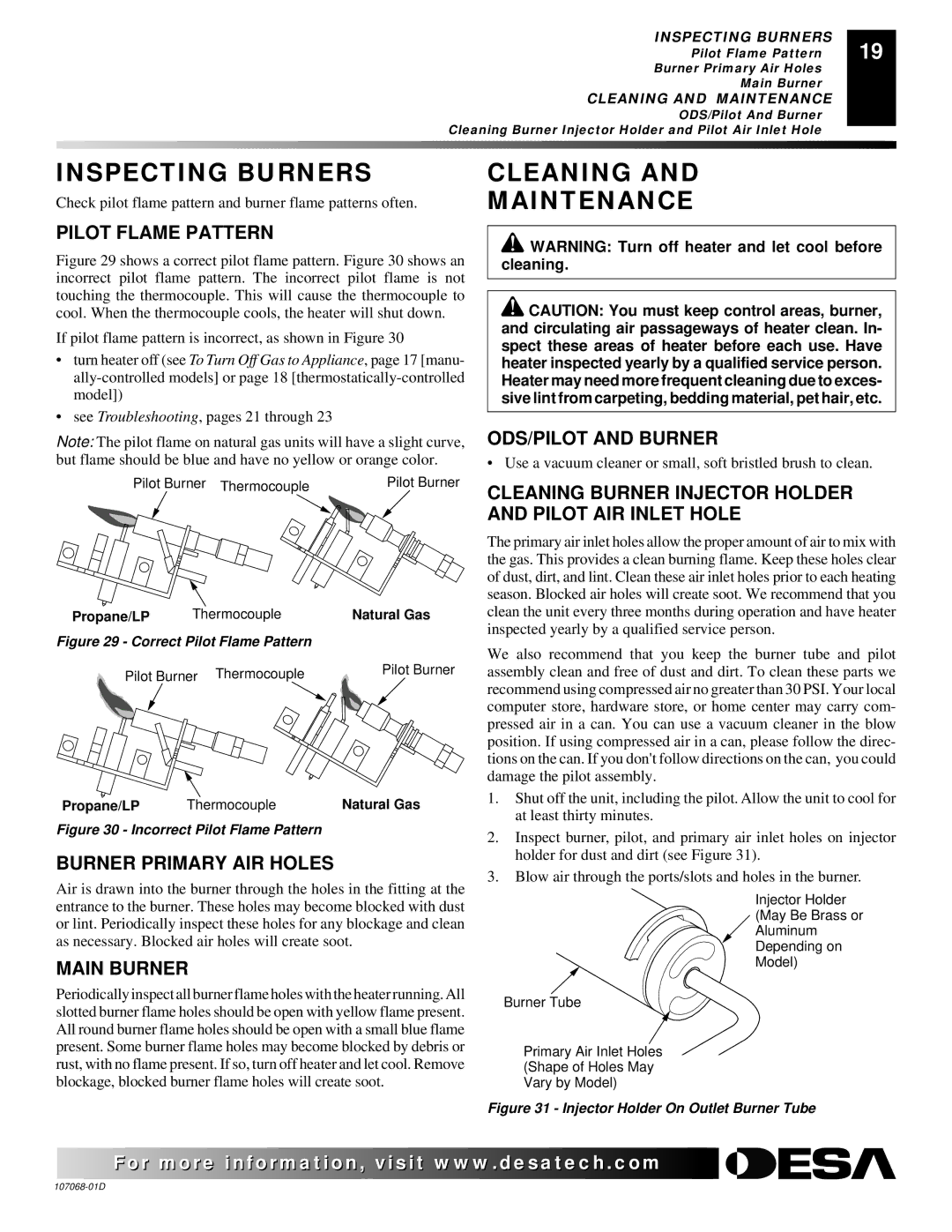 Desa CGS3124P installation manual Inspecting Burners, Cleaning Maintenance 