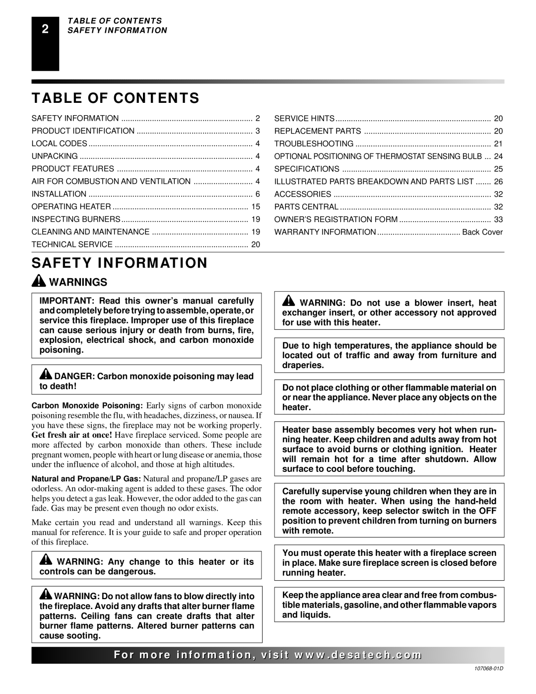 Desa CGS3124P installation manual Table of Contents, Safety Information 