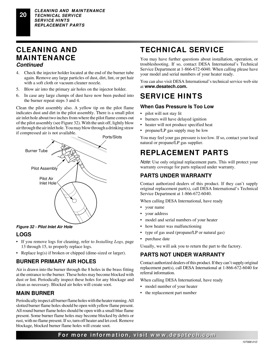 Desa CGS3124P installation manual Technical Service, Service Hints, Replacement Parts 