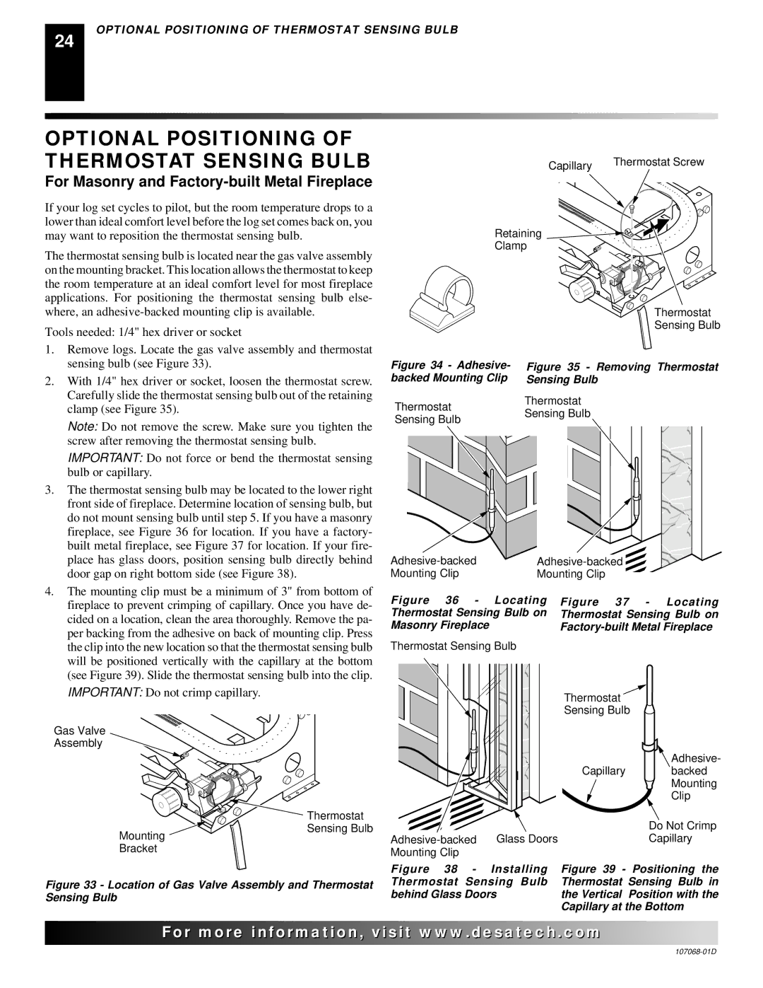 Desa CGS3124P Optional Positioning of Thermostat Sensing Bulb, For Masonry and Factory-built Metal Fireplace 