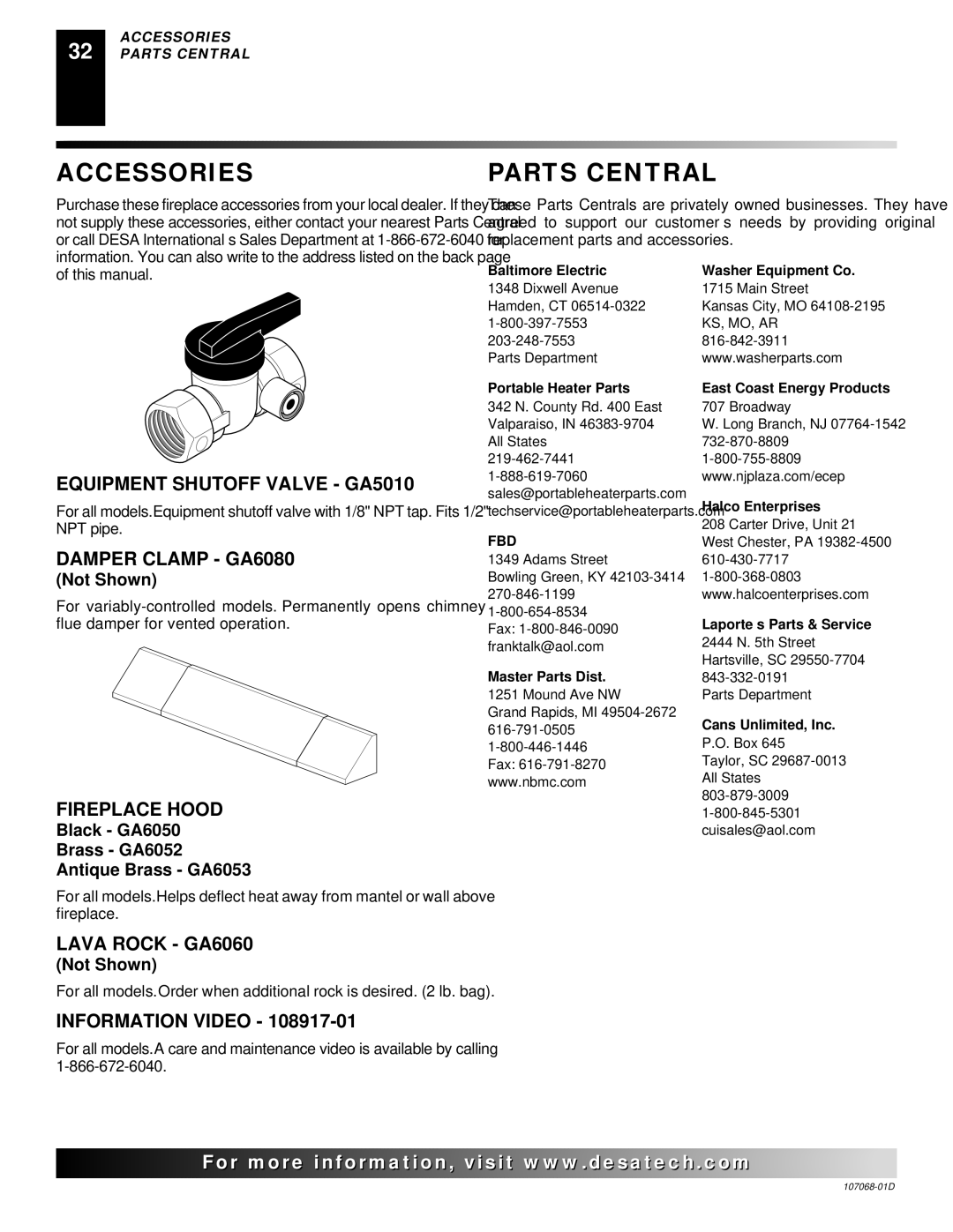 Desa CGS3124P installation manual Accessories, Parts Central 