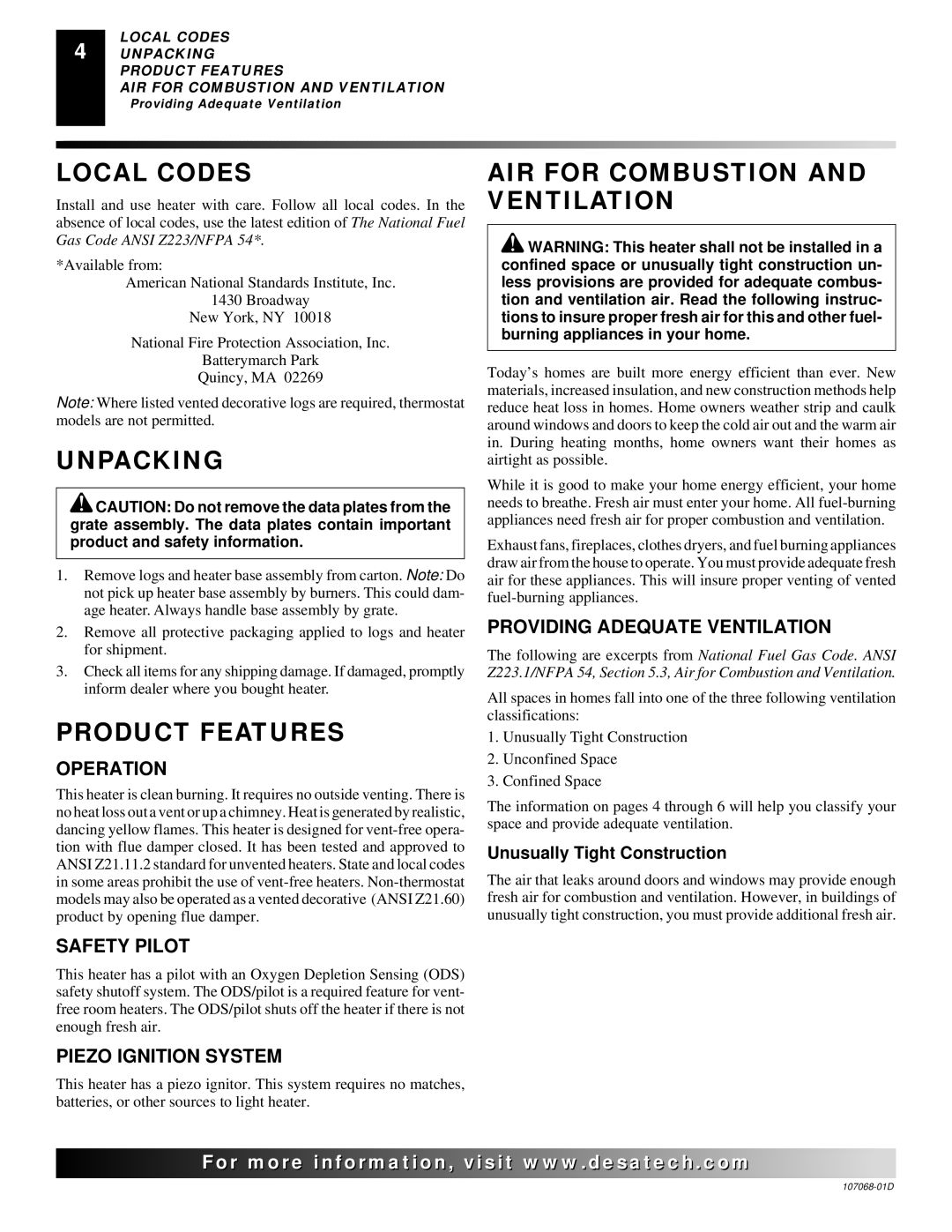 Desa CGS3124P installation manual Local Codes, Unpacking, Product Features, AIR for Combustion and Ventilation 