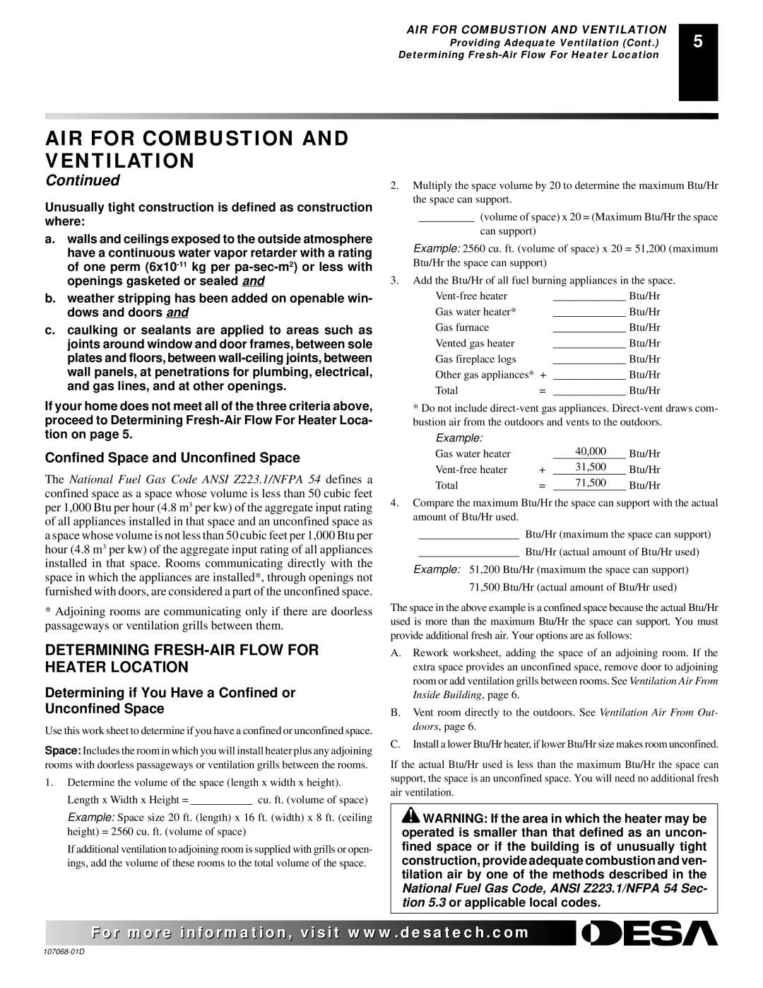 Desa CGS3124P installation manual Determining FRESH-AIR Flow for Heater Location, Confined Space and Unconfined Space 