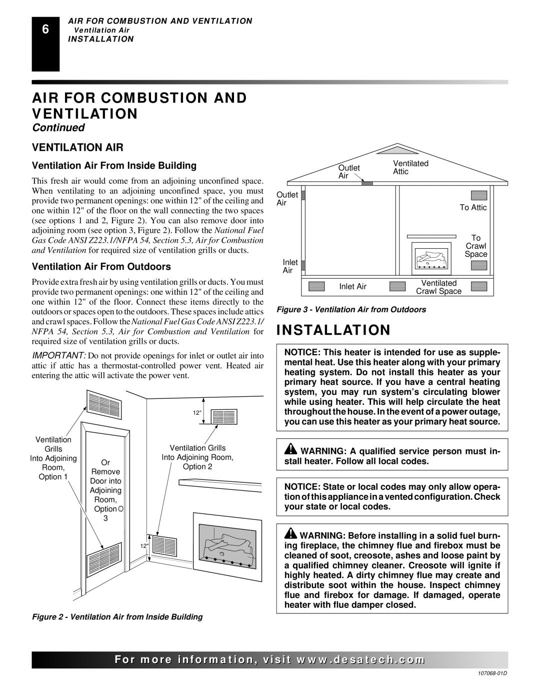 Desa CGS3124P Installation, Ventilation AIR, Ventilation Air From Inside Building, Ventilation Air From Outdoors 