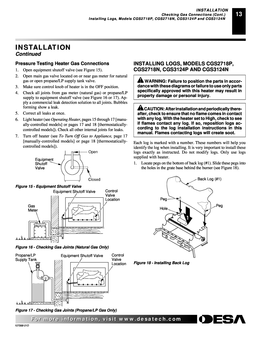Desa CGS3124P installation manual Installation, Continued, Pressure Testing Heater Gas Connections 