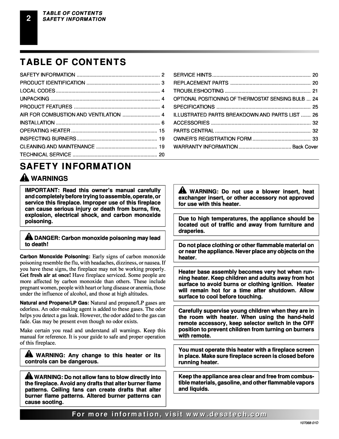 Desa CGS3124P installation manual Table Of Contents, Safety Information, Warnings 
