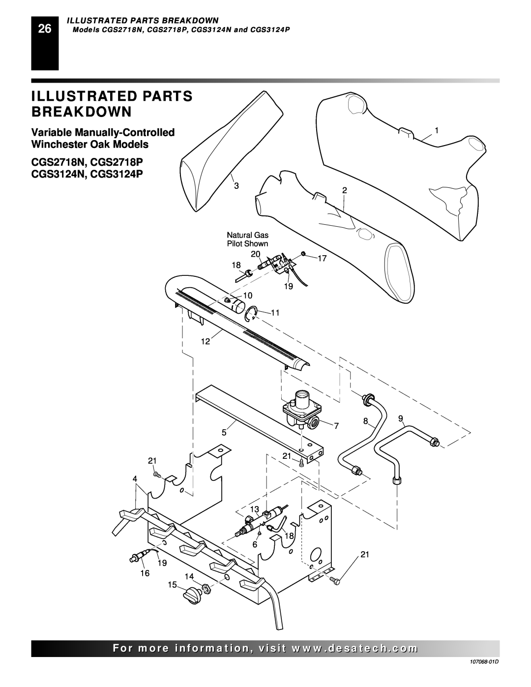 Desa CGS3124P Illustrated Parts Breakdown, Variable Manually-Controlled, Winchester Oak Models, 107068-01D 