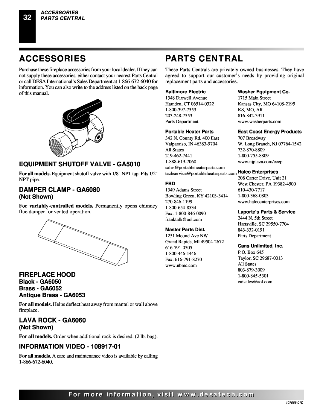 Desa CGS3124P Accessories, Parts Central, EQUIPMENT SHUTOFF VALVE - GA5010, DAMPER CLAMP - GA6080, Fireplace Hood 