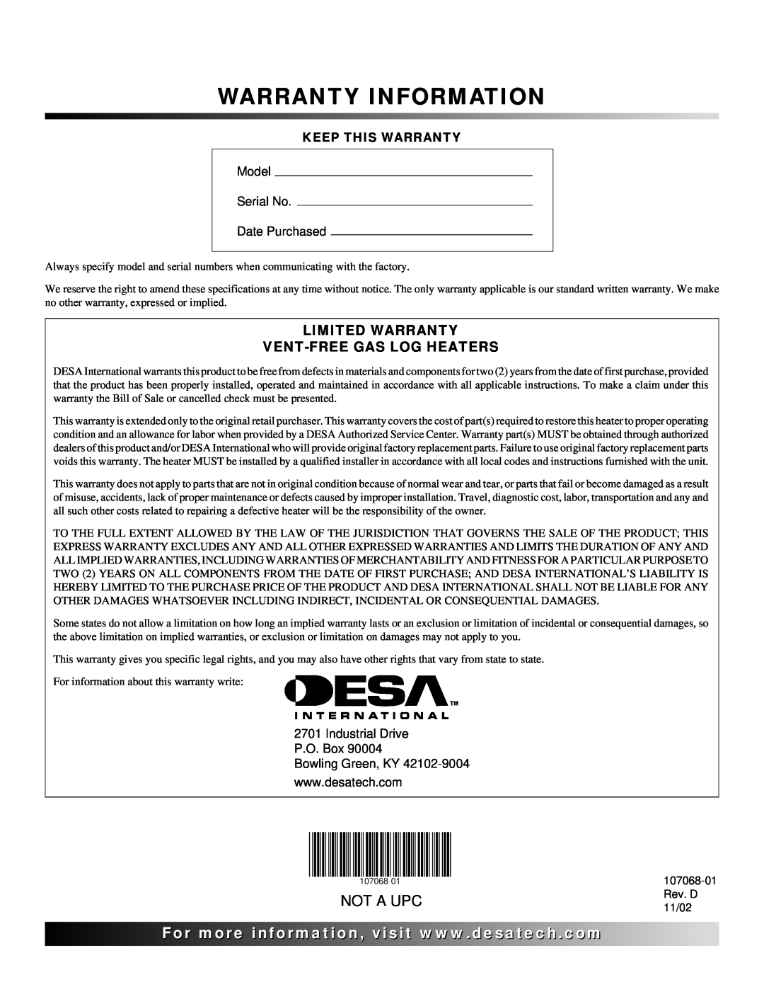 Desa CGS3124P installation manual Not A Upc, Warranty Information 