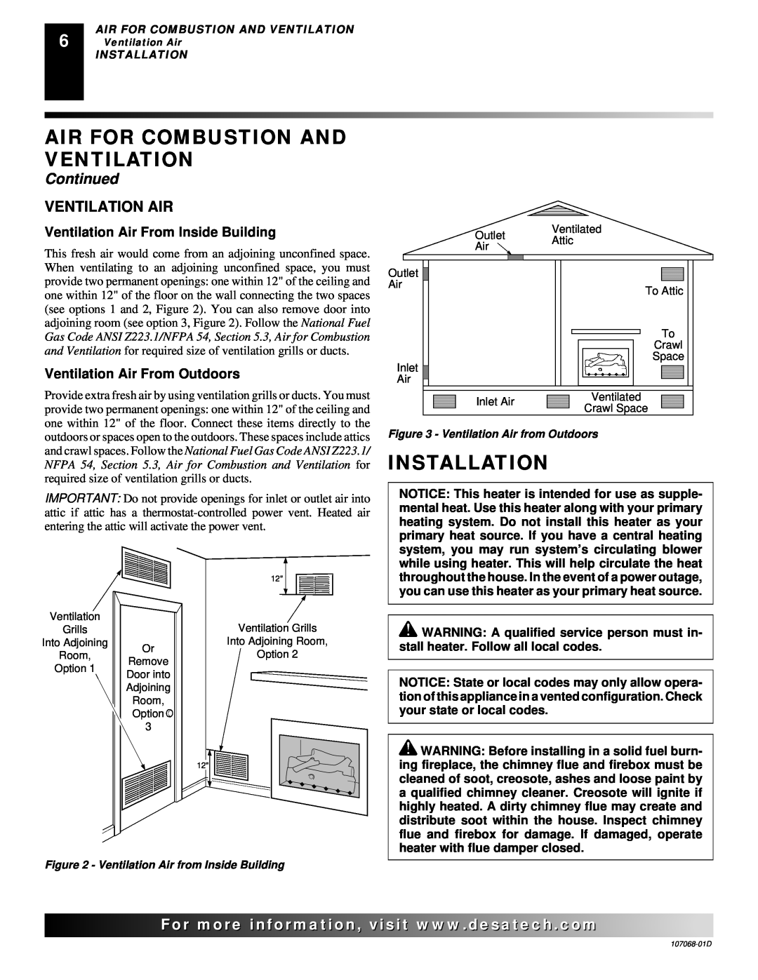 Desa CGS3124P Installation, Air For Combustion And Ventilation, Continued, Ventilation Air from Outdoors 