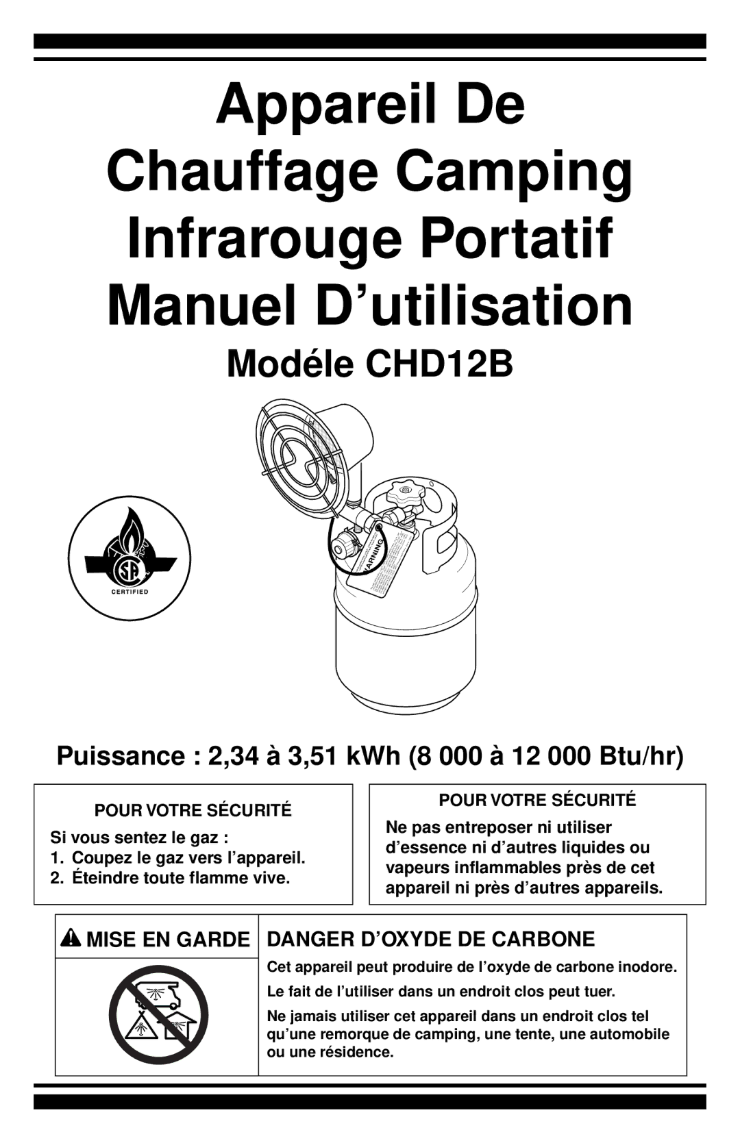 Desa owner manual Modéle CHD12B, Le fait de l’utiliser dans un endroit clos peut tuer 