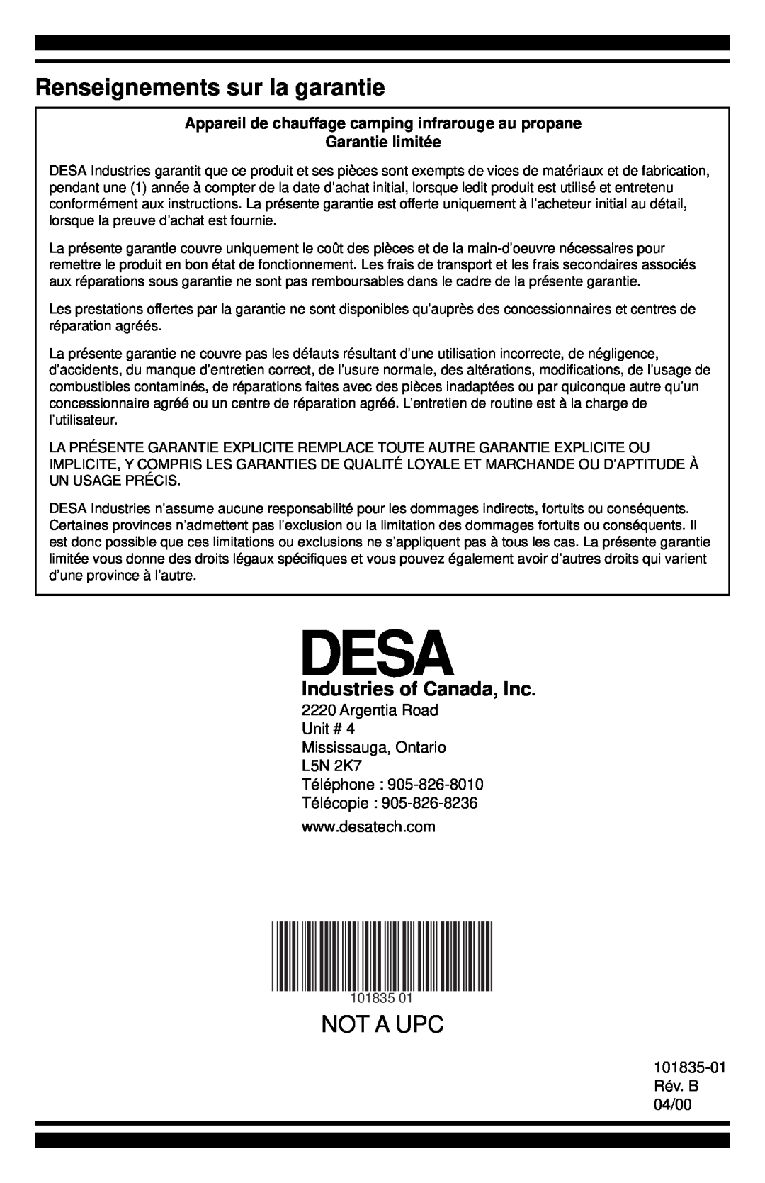 Desa CHD12B owner manual Renseignements sur la garantie, Not A Upc, Industries of Canada, Inc, Garantie limitée 