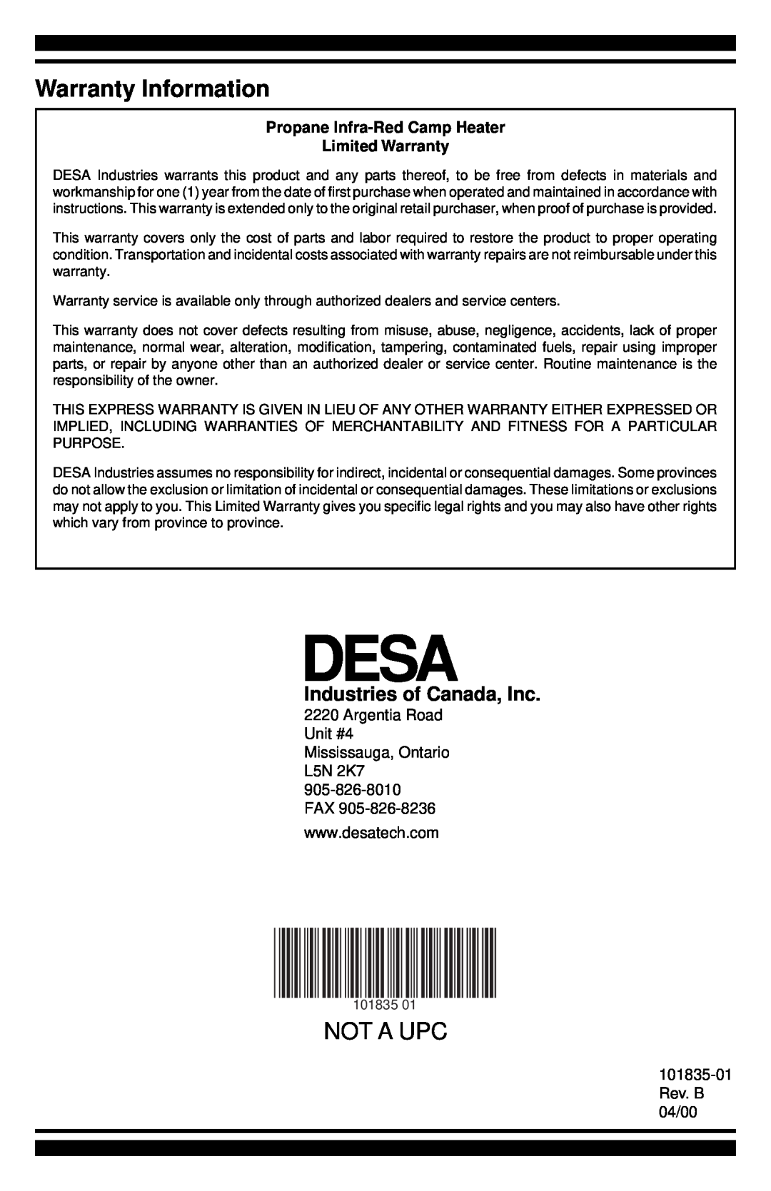 Desa CHD12B owner manual Warranty Information, Not A Upc, Industries of Canada, Inc 