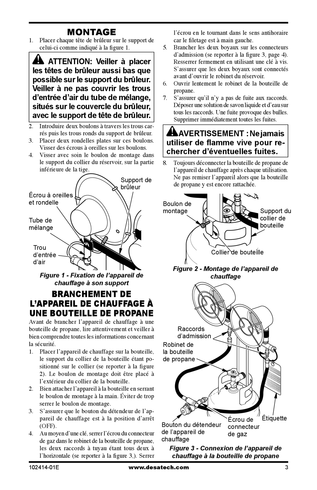 Desa TTC24B, CHD24B owner manual Montage, Ouvrir lentement le robinet de la bouteille de propane 