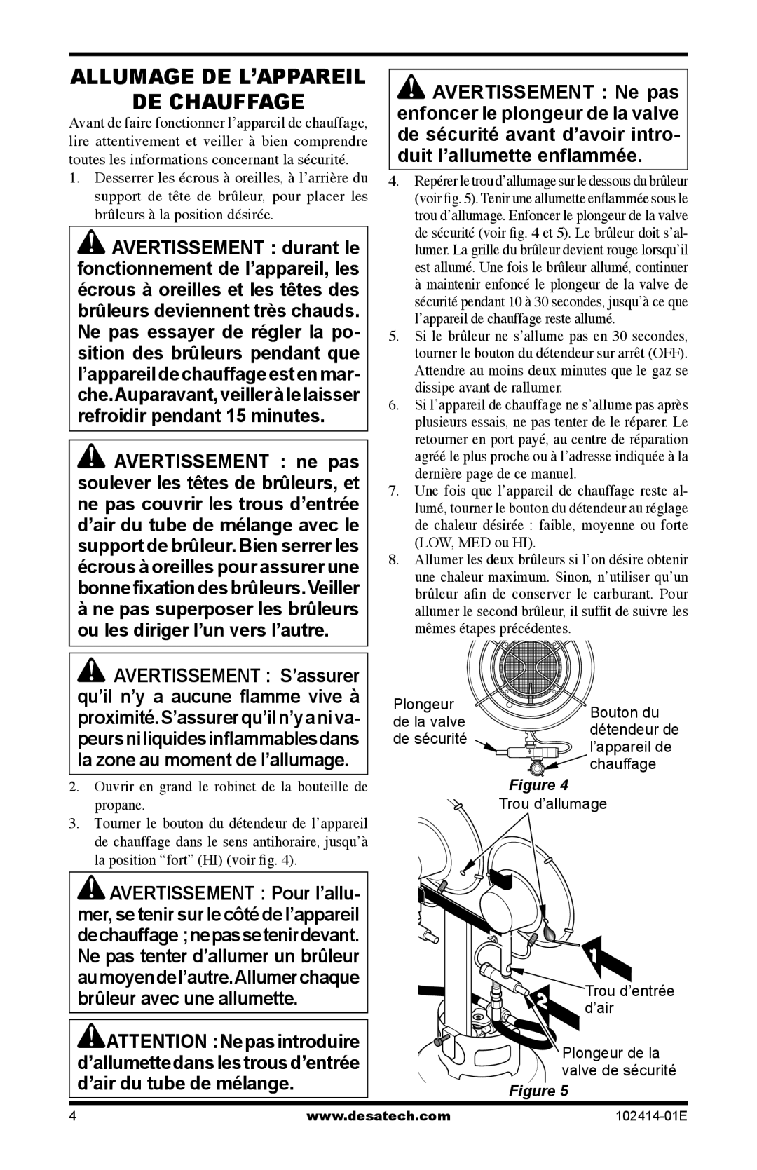 Desa CHD24B, TTC24B owner manual DE Chauffage, Ouvrir en grand le robinet de la bouteille de propane 