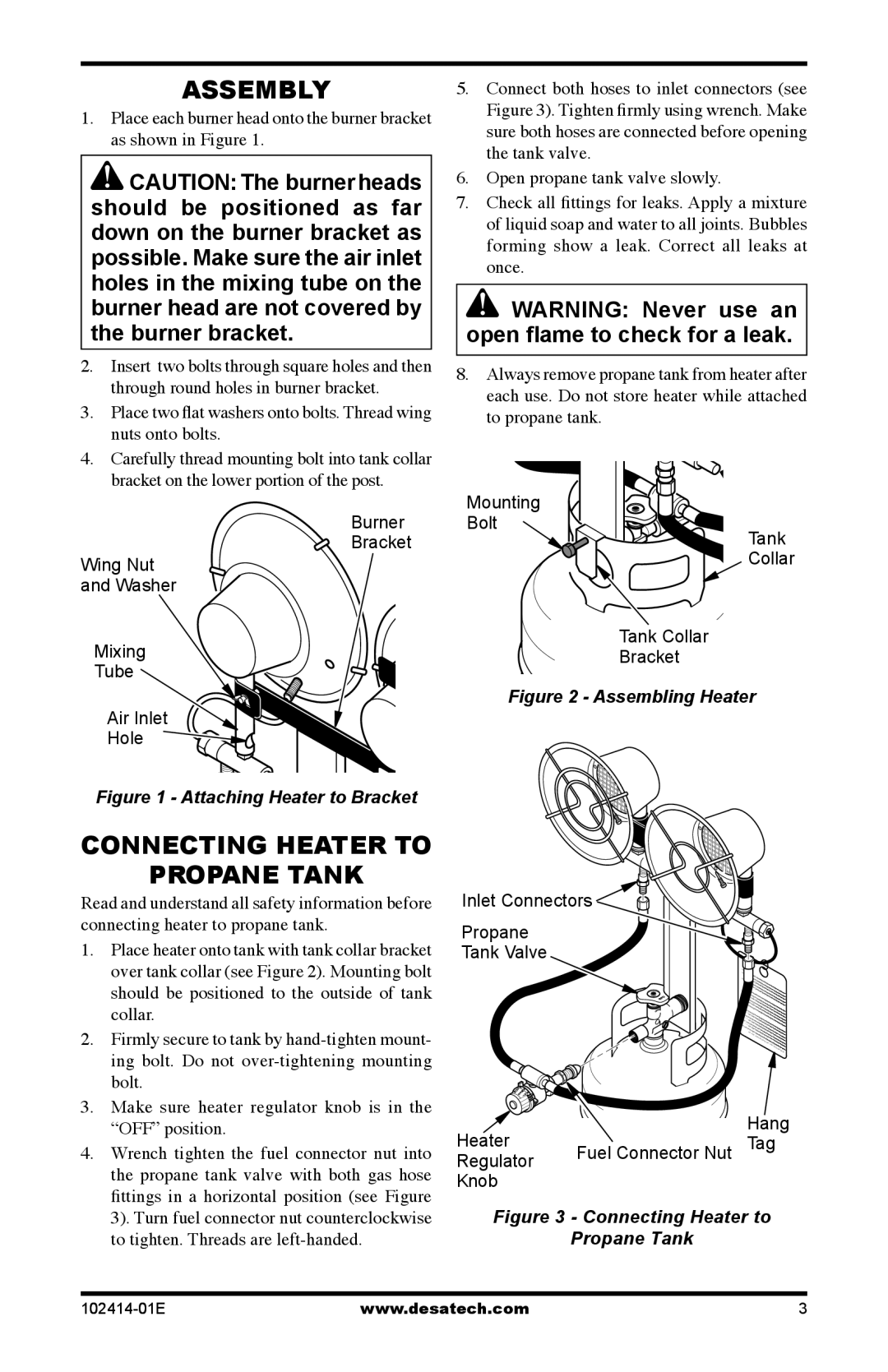 Desa TTC24B, CHD24B owner manual Assembly, Connecting Heater to Propane Tank 