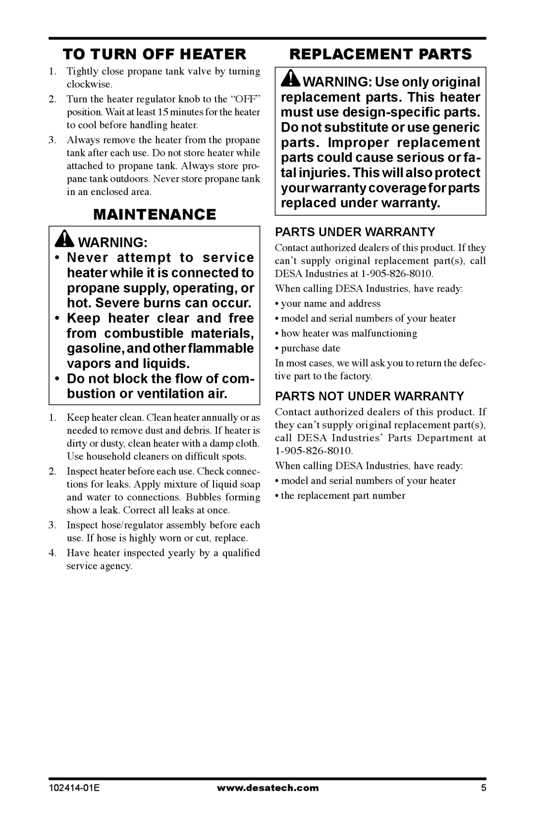 Desa TTC24B To Turn OFF Heater, Maintenance, Replacement Parts, Tightly close propane tank valve by turning clockwise 