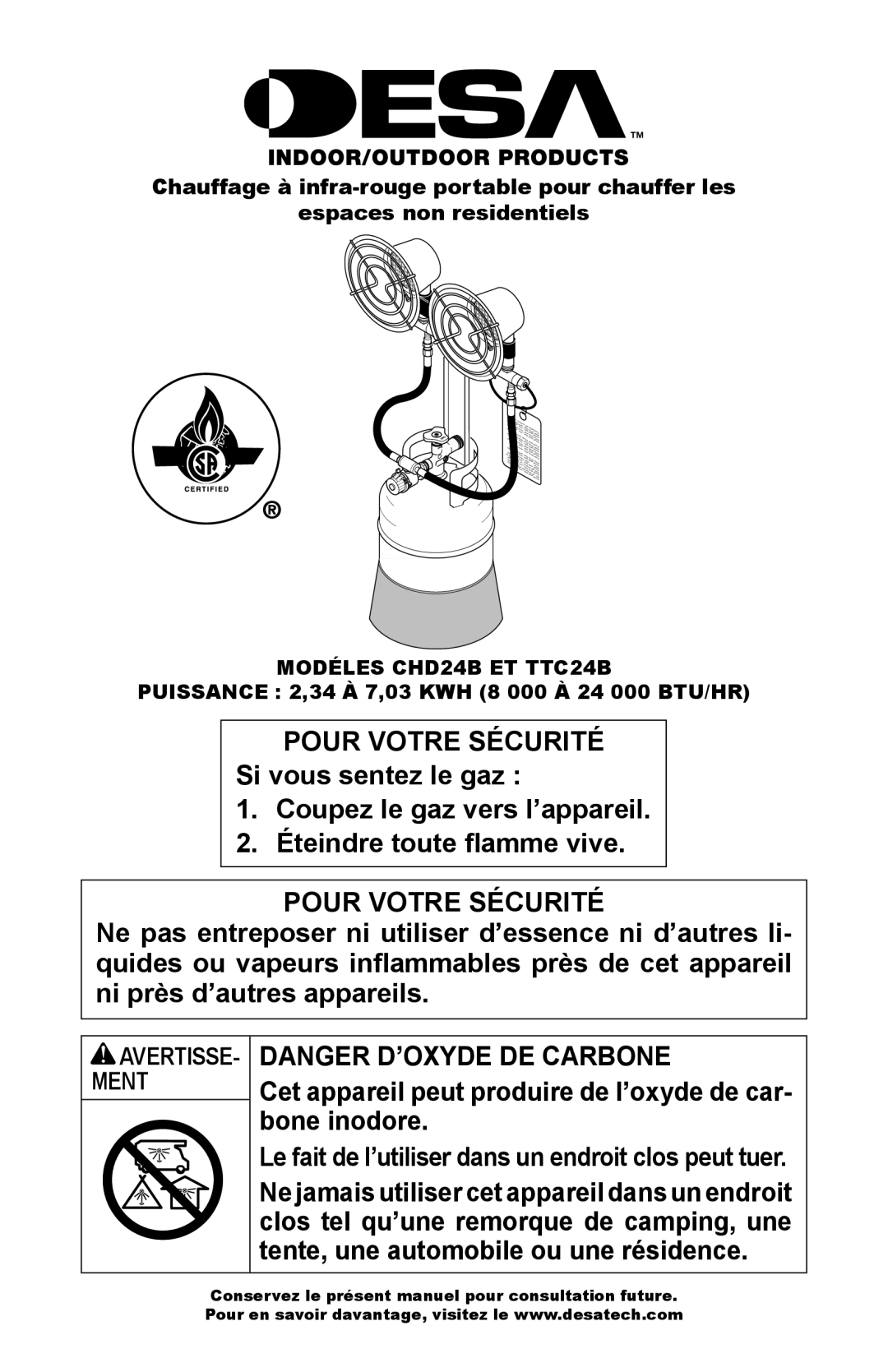 Desa TTC24B, CHD24B owner manual Pour Votre Sécurité 