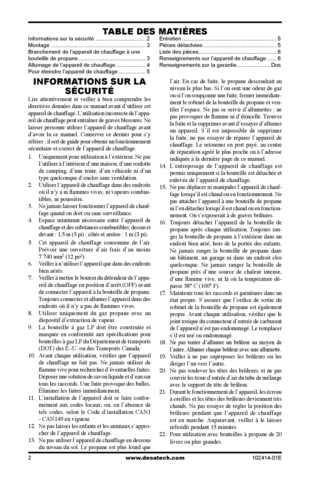 Desa CHD24B, TTC24B owner manual Table Des Matiéres, Informations Sur La Sécurité 