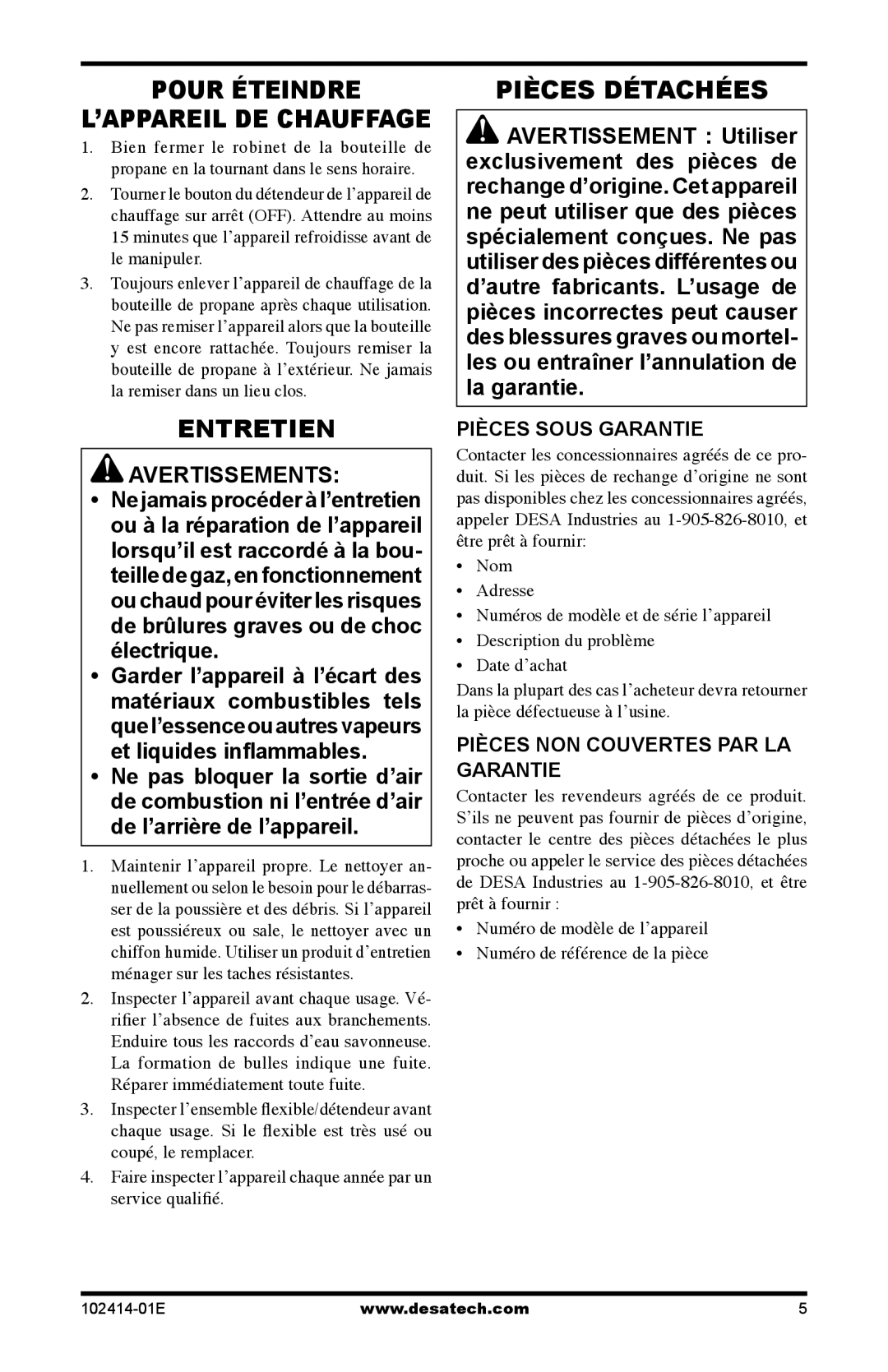 Desa TTC24B, CHD24B owner manual Pour Éteindre, Entretien, Pièces Détachées, L’Appareil De Chauffage 