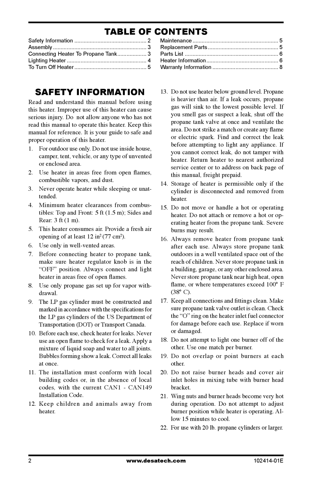 Desa CHD24B, TTC24B owner manual Table Of Contents, Safety Information 