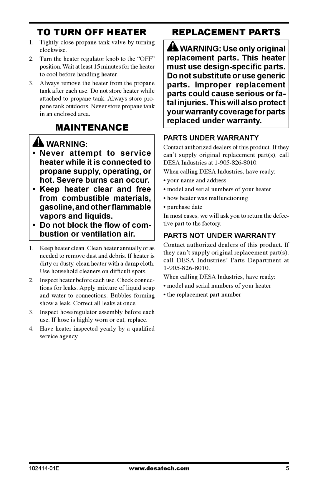 Desa TTC24B, CHD24B owner manual To Turn Off Heater, Maintenance, Replacement Parts 