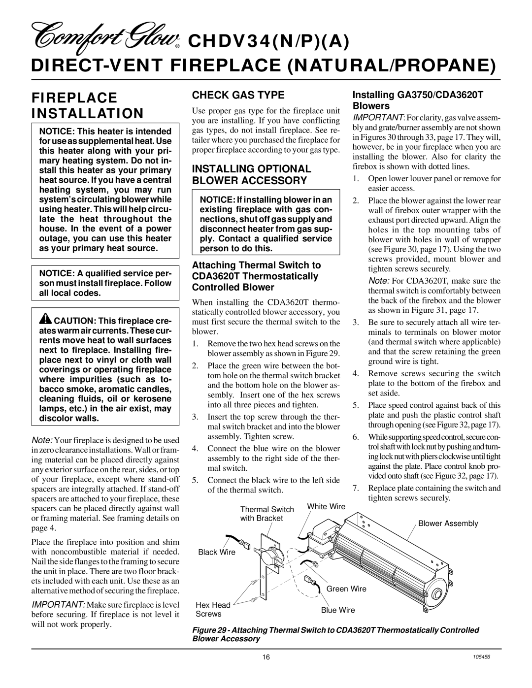 Desa CHDV34(N/P)(A) installation manual Fireplace Installation, Check GAS Type, Installing Optional Blower Accessory 