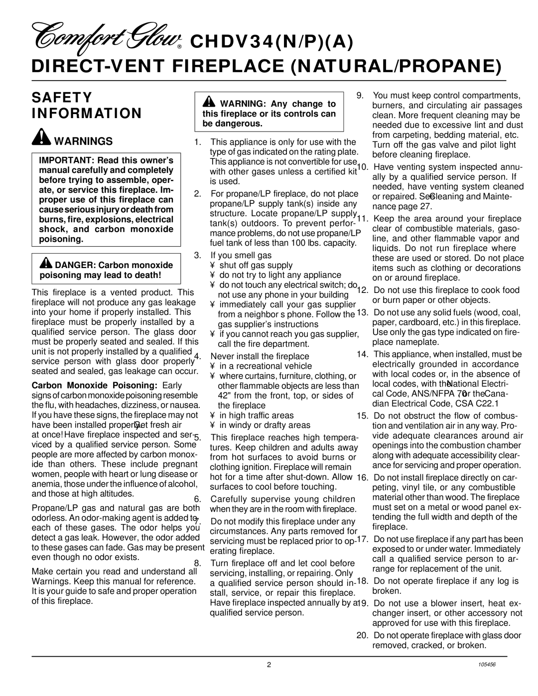 Desa CHDV34(N/P)(A) installation manual DIRECT-VENT Fireplace NATURAL/PROPANE, Safety Information 