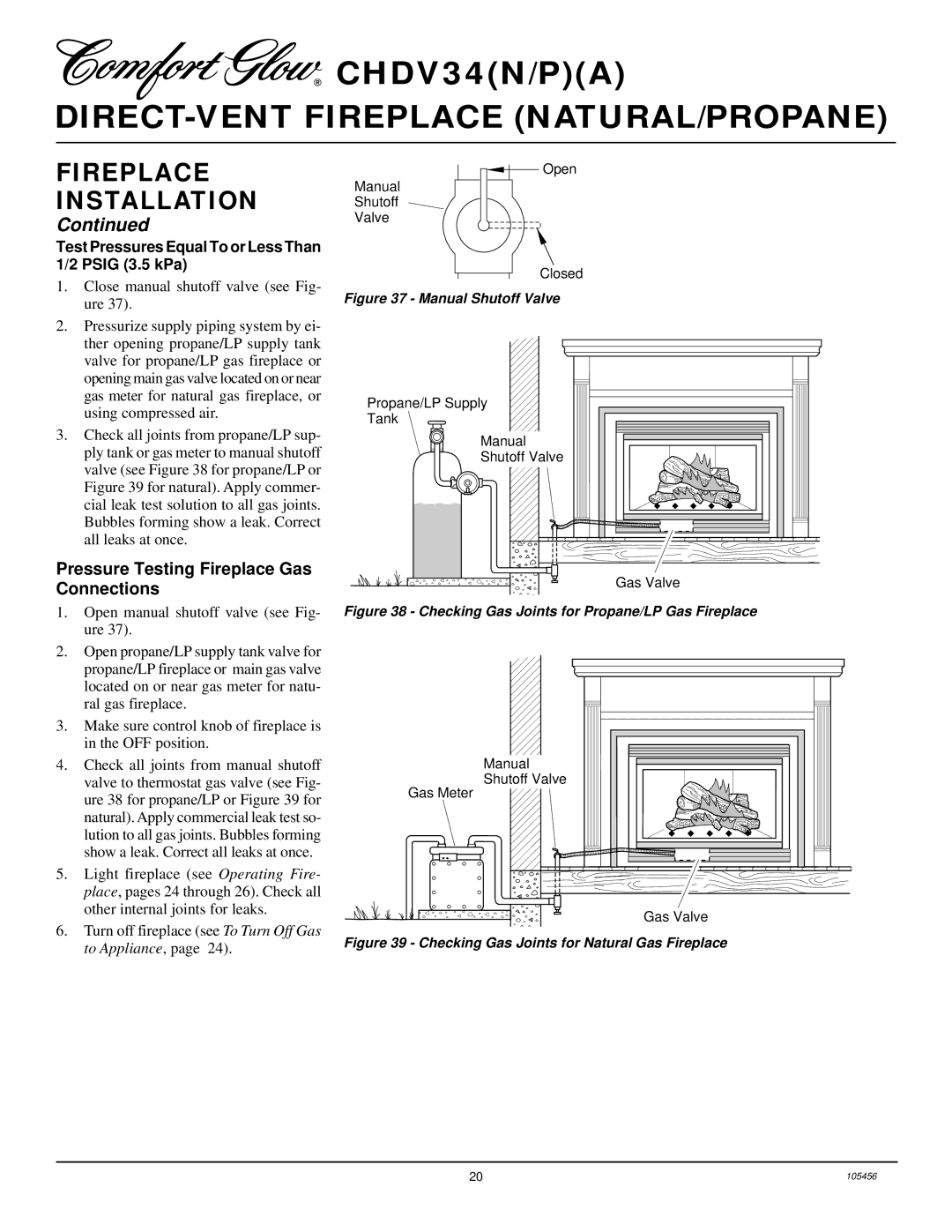 Desa CHDV34(N/P)(A) Pressure Testing Fireplace Gas Connections, Test Pressures Equal To or Less Than 1/2 Psig 3.5 kPa 