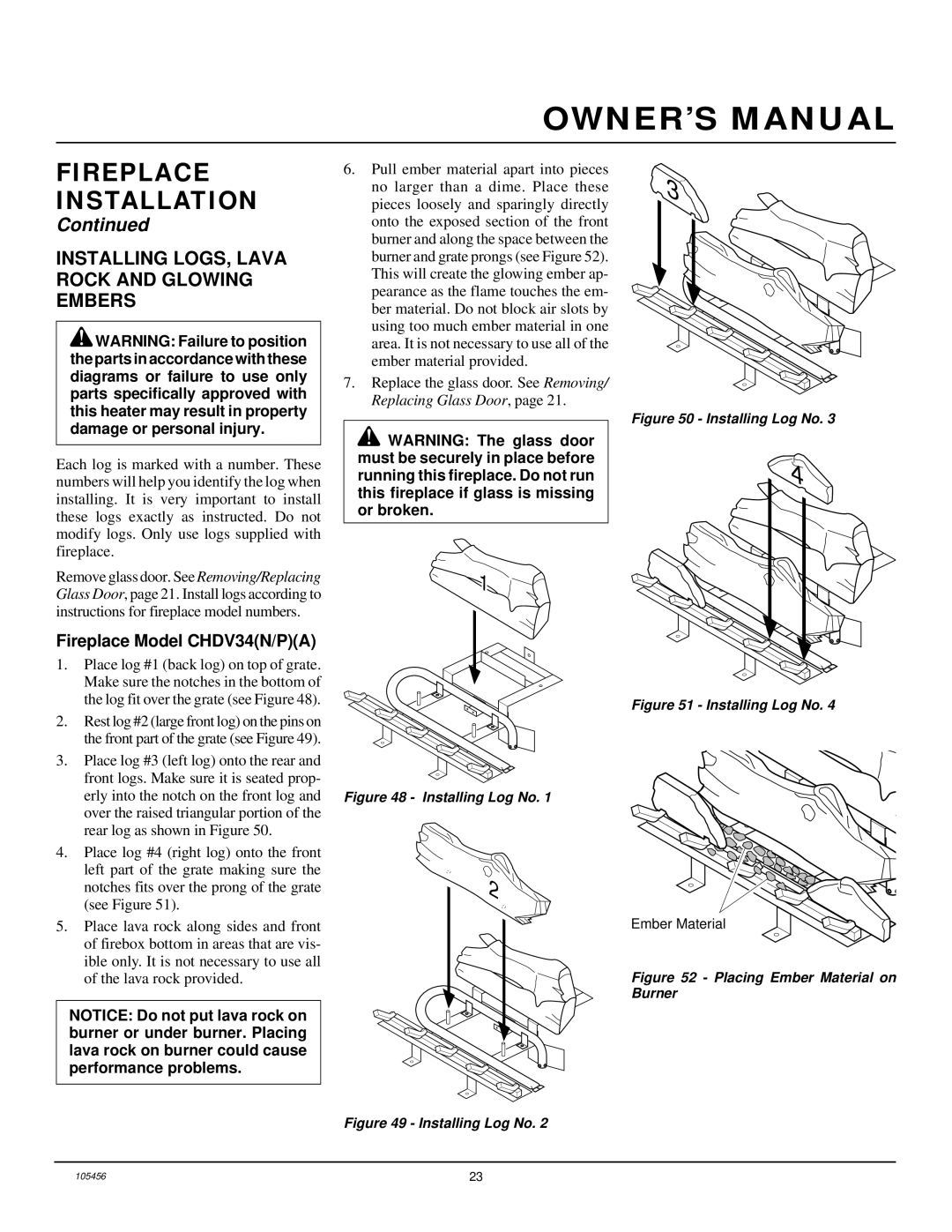 Desa CHDV34(N/P)(A) installation manual Installing LOGS, Lava Rock and Glowing Embers, Fireplace Model CHDV34N/PA 