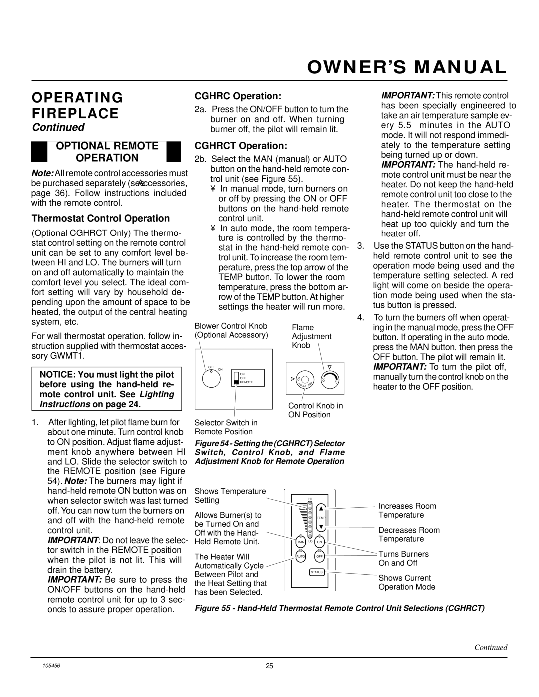 Desa CHDV34(N/P)(A) Optional Remote Operation, Thermostat Control Operation, Cghrc Operation, Cghrct Operation 