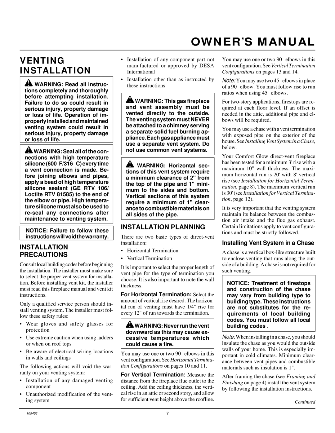 Desa CHDV34(N/P)(A) installation manual Venting Installation, Installation Precautions, Installation Planning 